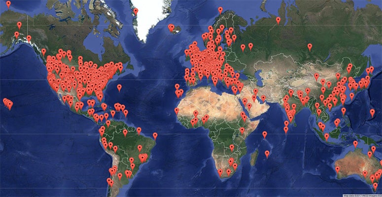 World map of NCAR/UCAR community service contributions
