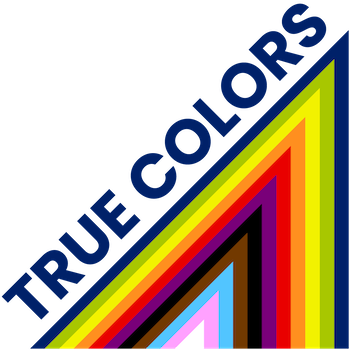 True Colors text over a triangle shaped logo with the intersectional Pride colors