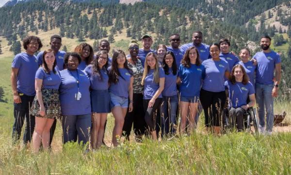 SOARS 2019 cohort outside Mesa Lab with Flatirons in background